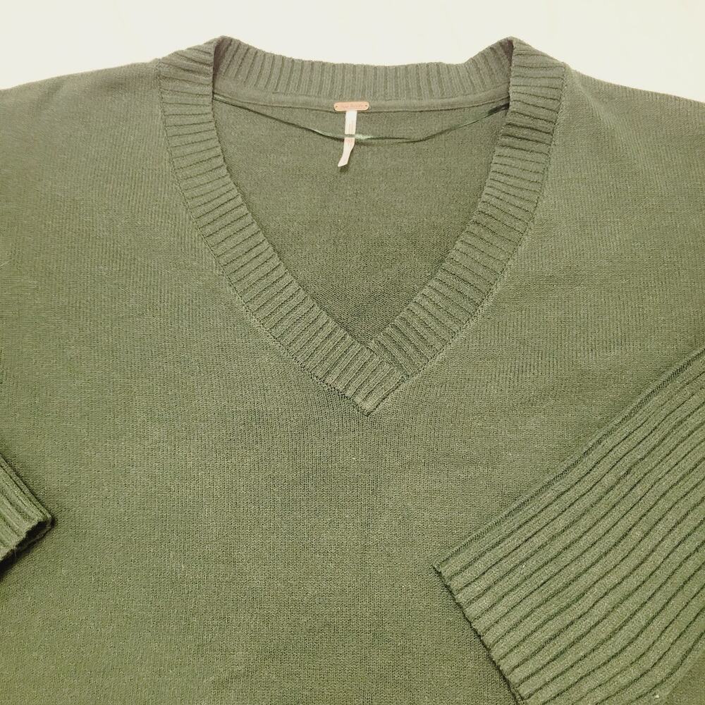 Free People Orion Sweater Large Green ALine V Neck Tunic Oversized Boho Slouchy - Picture 2 of 12